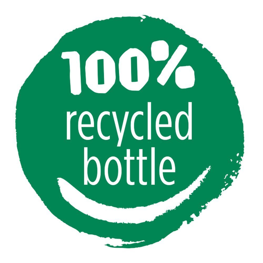 Groen logo met witte tekst: 100% recycled bottle. Smiley-gezicht.