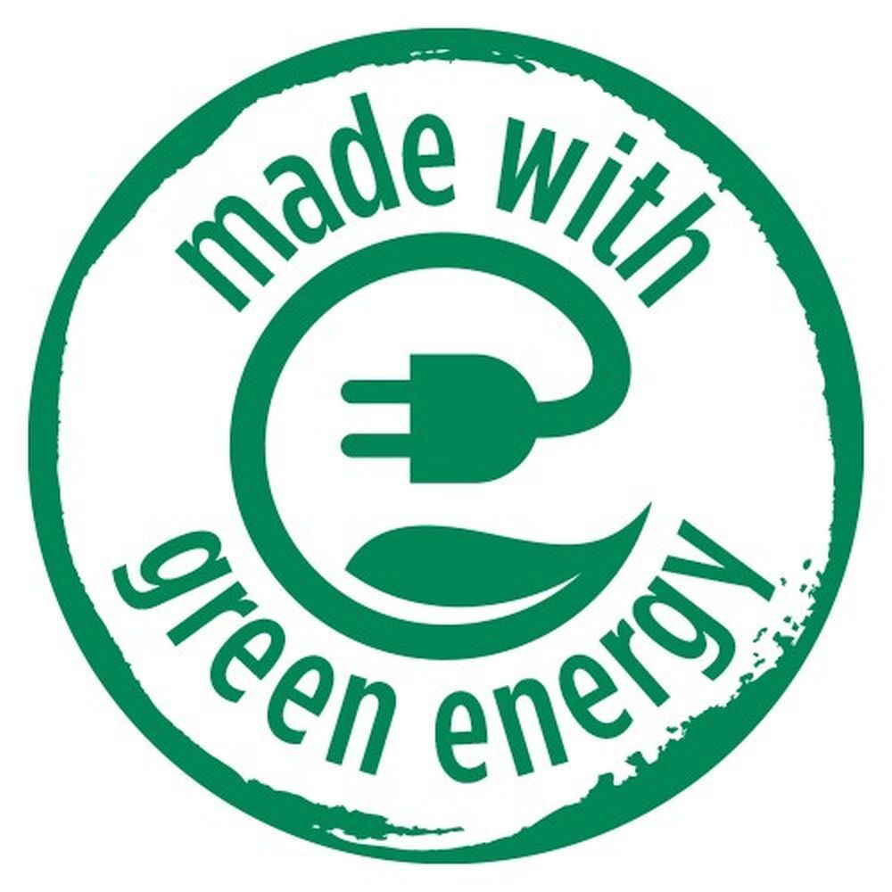 Groen logo met stekker en tekst: made with green energy.