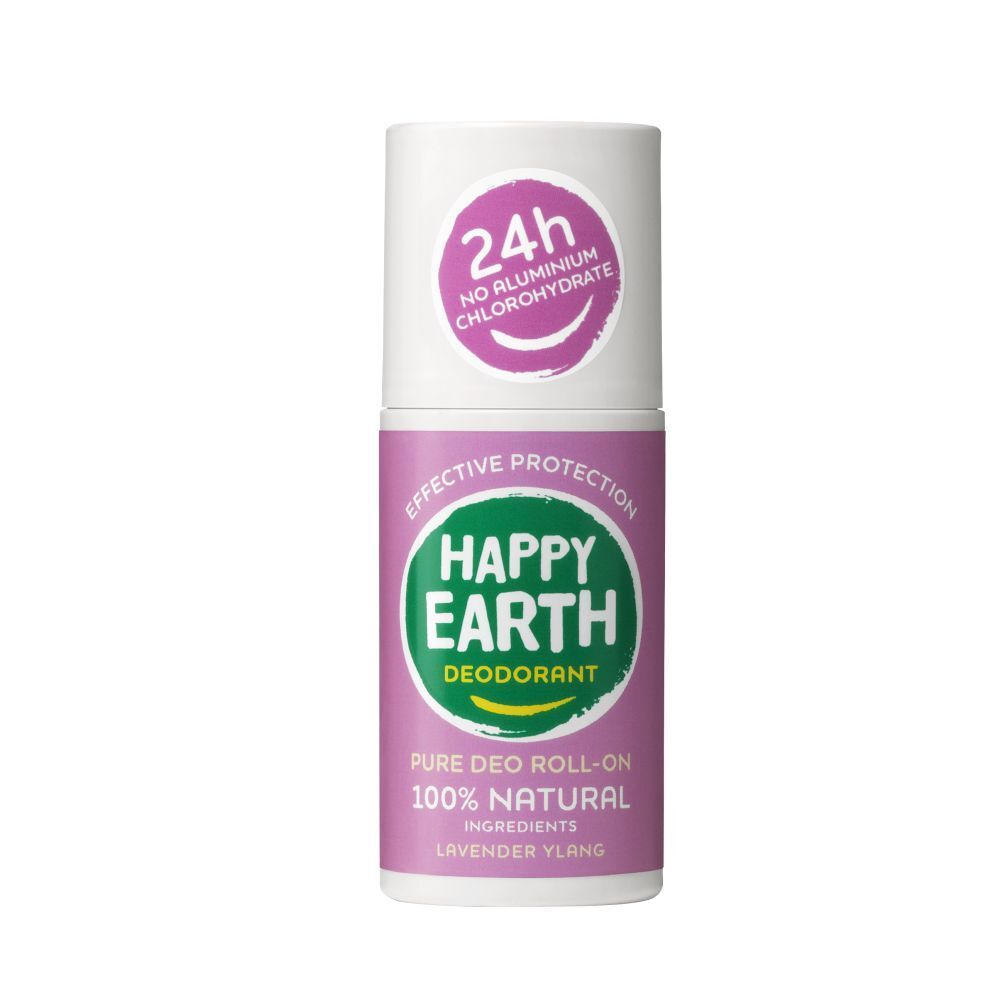 Deo-Roller. Weißer Deckel, rosa Körper. Aufschrift: Happy Earth, 100% natürlich, Lavendel & Ylang. 24h Schutz.