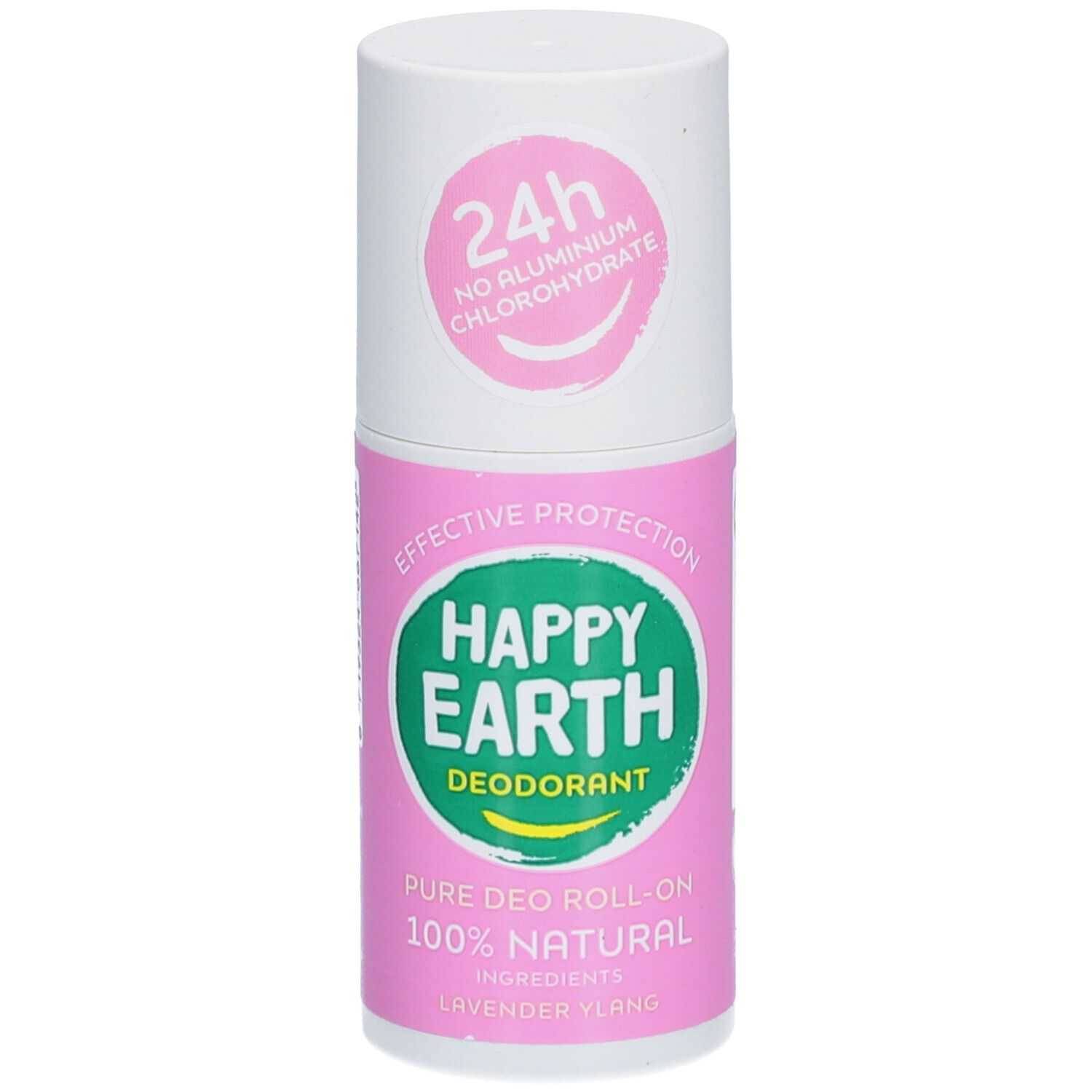Deo-Roller. Weißer Deckel, rosa Körper. Aufschrift: Happy Earth, Deodorant, 100% natürlich, Lavendel & Ylang.