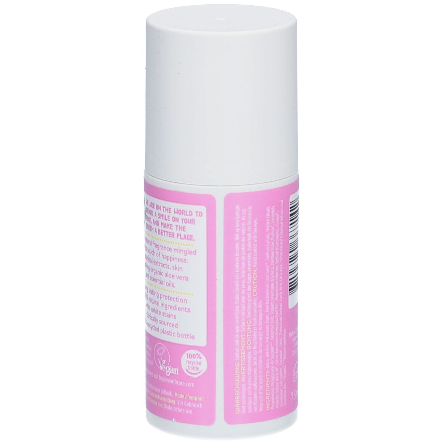 Deo-Roller. Rückseite. Rosa Etikett mit Text und Barcode. 75ml.