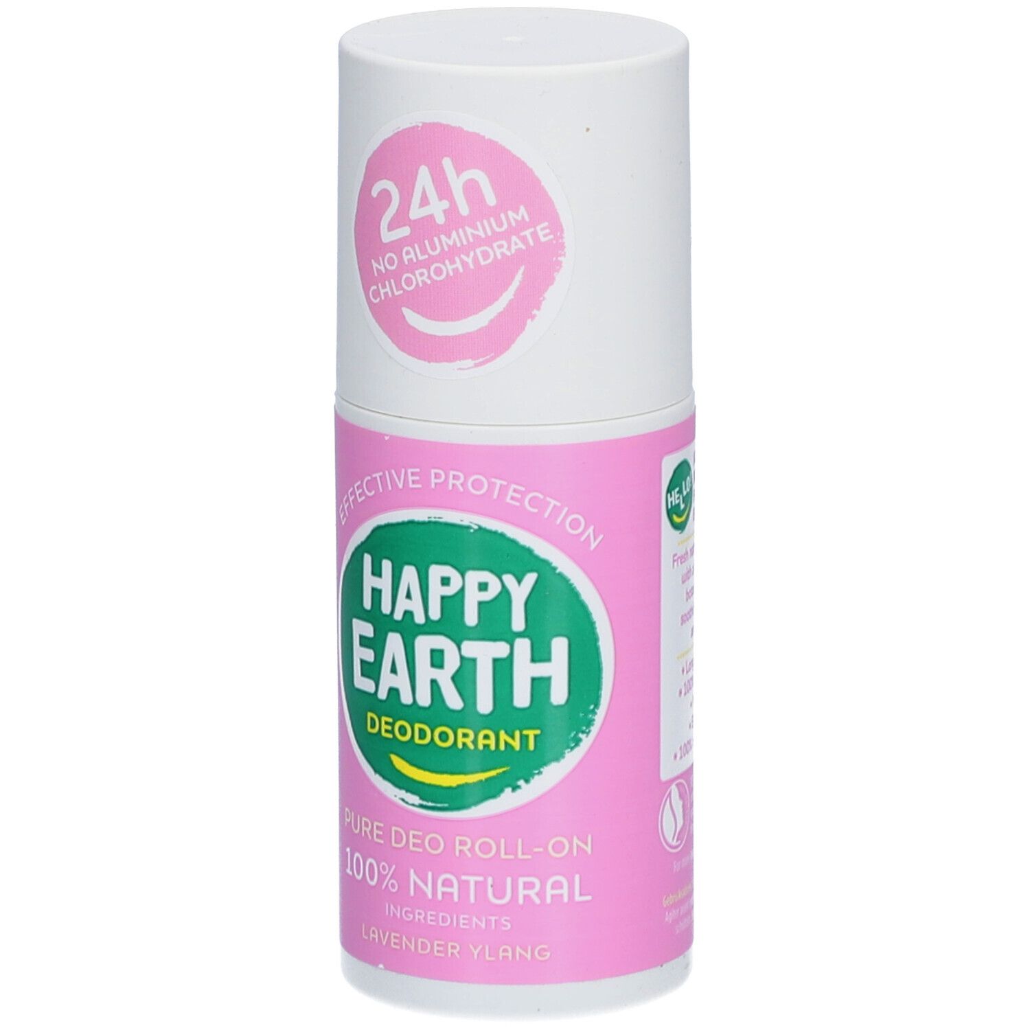 Deo-Roller. Weißer Deckel, rosa Körper. Aufschrift: Happy Earth, Deodorant, 100% natürlich, Lavendel & Ylang.