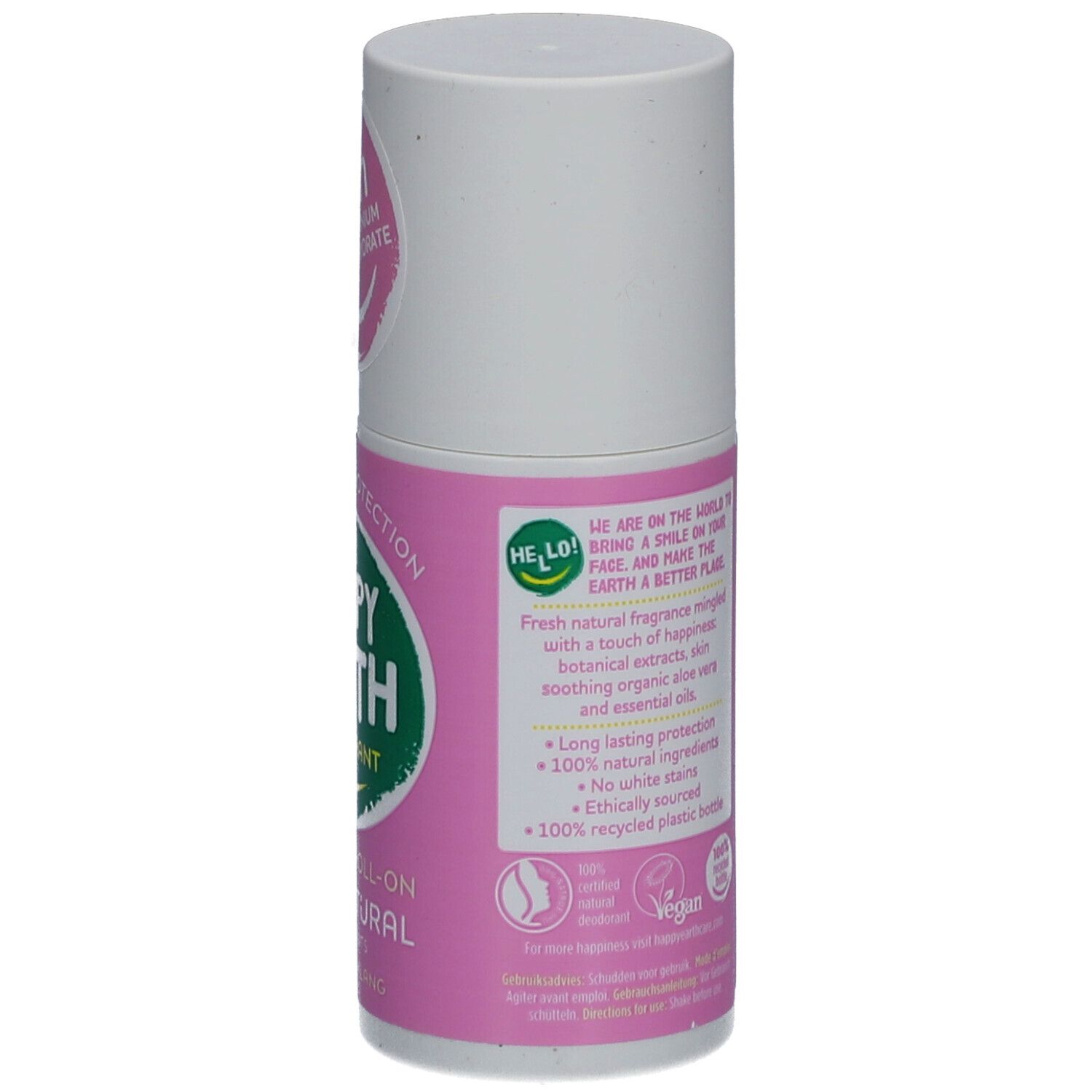 Deo-Roller. Rückseite. Rosa Etikett mit Text. Vegan-Logo. 100% recycelte Plastikflasche.