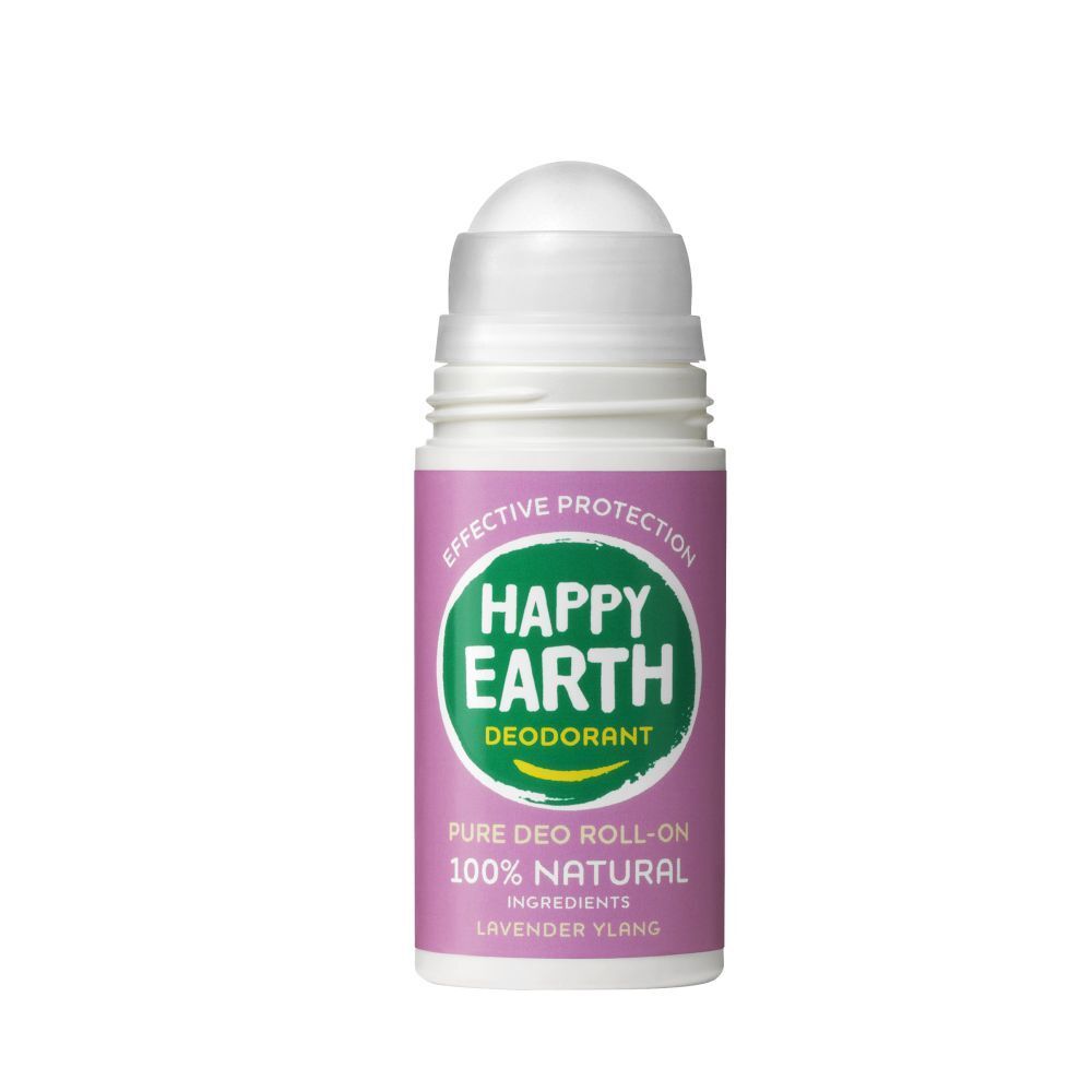 Deo-Roller. Weißer Deckel, rosa Körper. Aufschrift: Happy Earth, Deodorant, 100% natürlich. Roll-on.