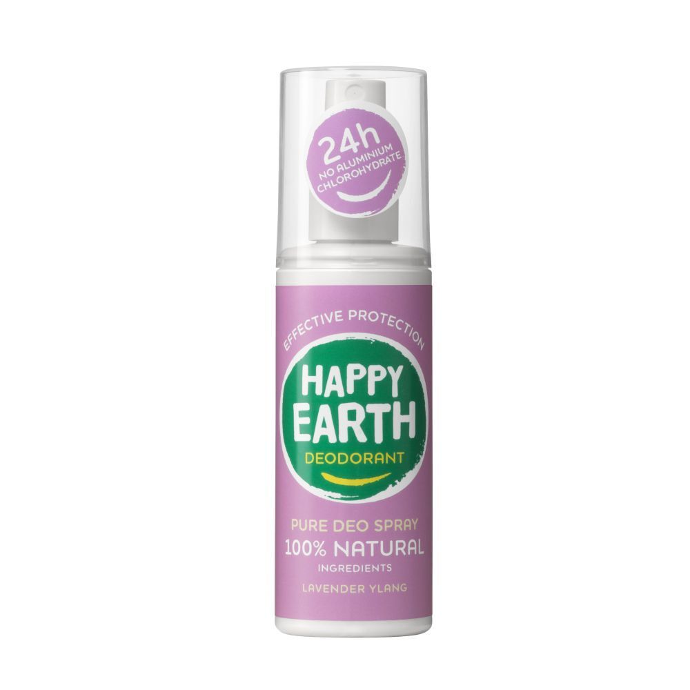 Deodorant-Spray von Happy Earth. Flasche mit Sprühkopf. Aufschrift: 24h, kein Aluminiumchlorhydrat. Produktinformationen.
