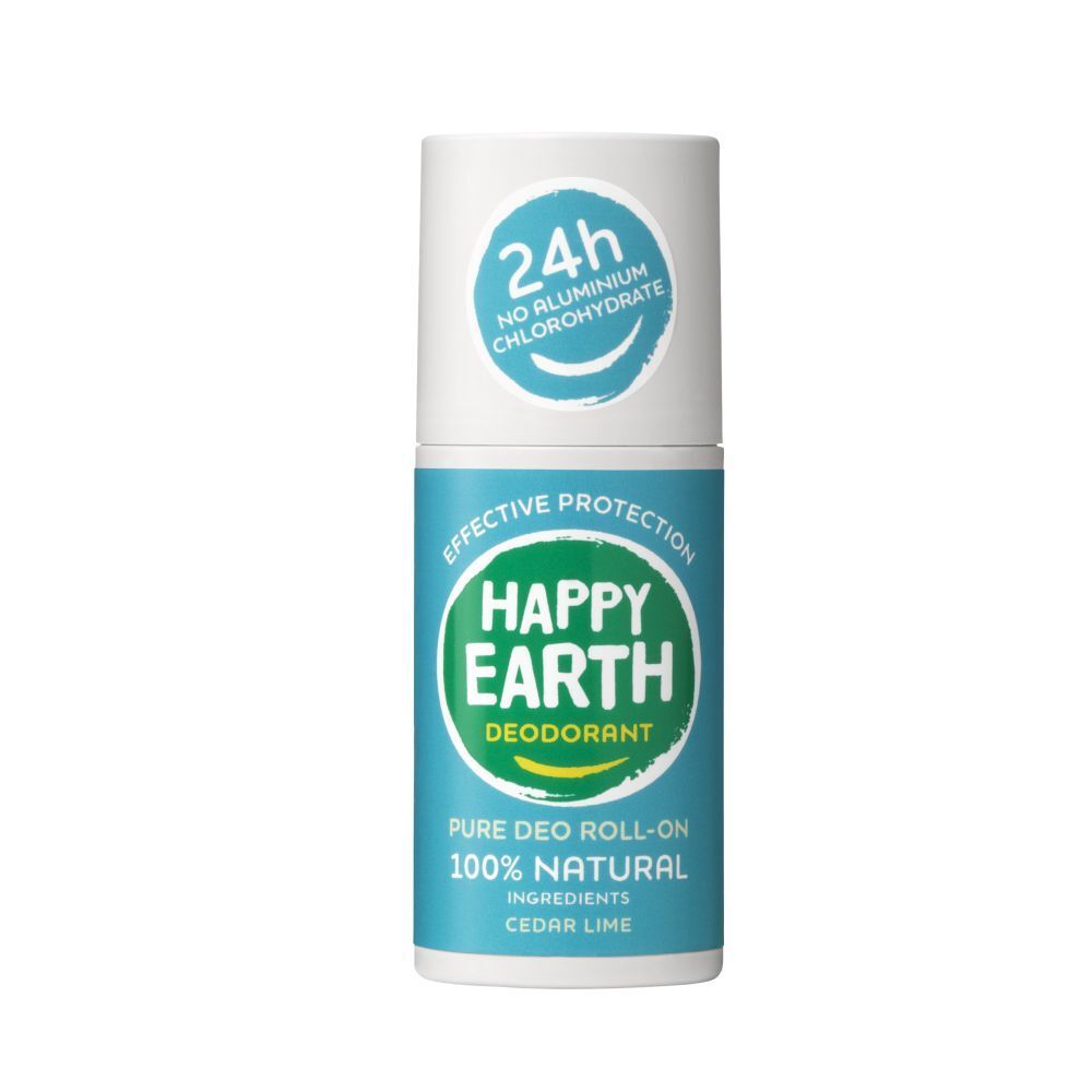 Deo-Roller. Weißer Deckel, blaue und grüne Etiketten. Text: Happy Earth, 100% natürlich, Zeder & Limette. 24h Schutz.