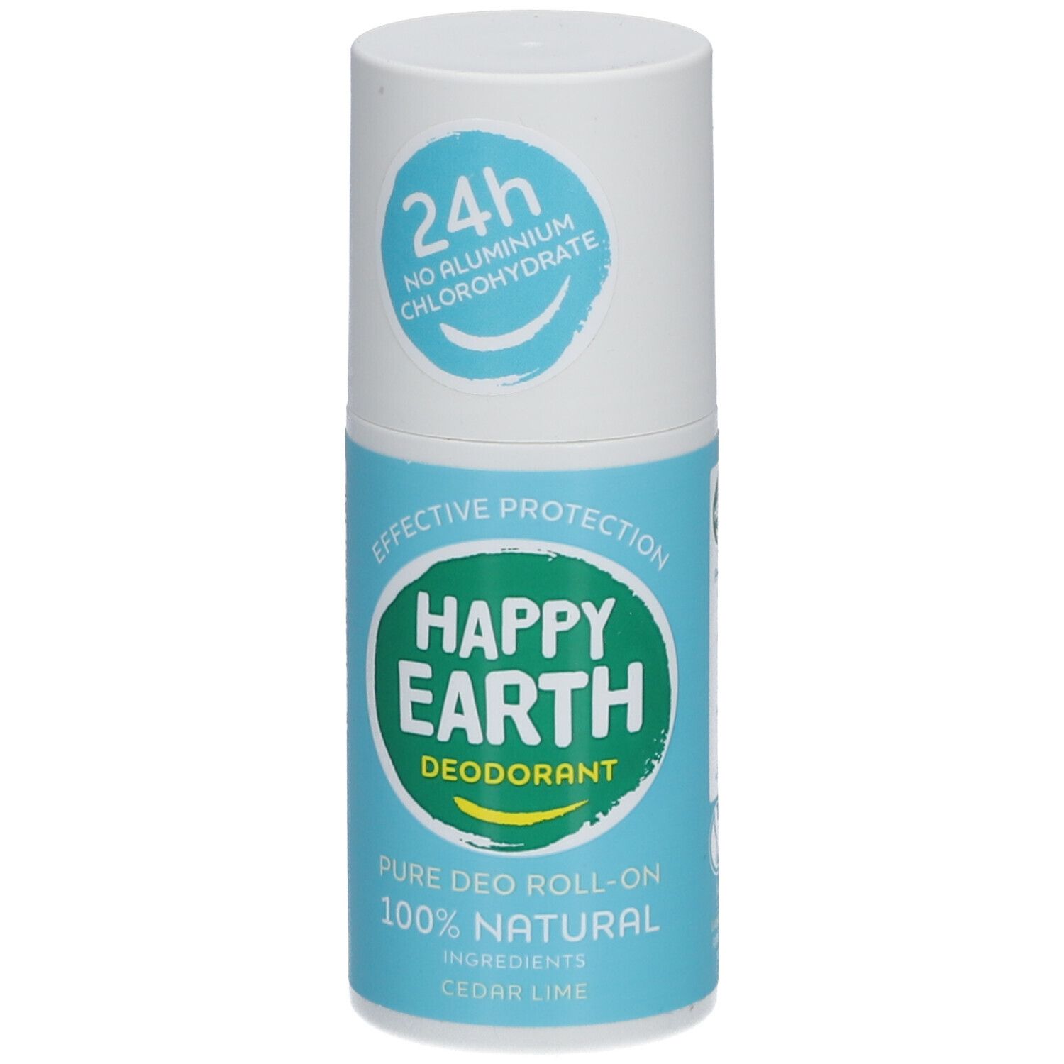 Deo-Roller. Weißer Deckel, blaue und grüne Etiketten. Text: Happy Earth, 100% natürlich, Zeder & Limette. 24h Schutz.