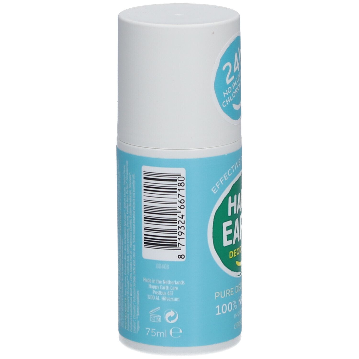 Deo-Roller. Rückseite. Text: Happy Earth, Inhaltsstoffe, 75ml, Barcode.
