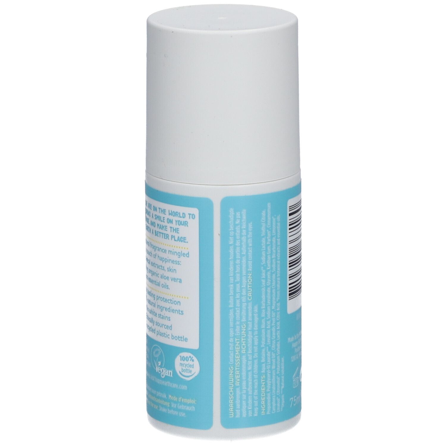 Deo-Roller. Rückseite. Text: Happy Earth, Inhaltsstoffe, 75ml, Vegan-Logo, recycelte Flasche.