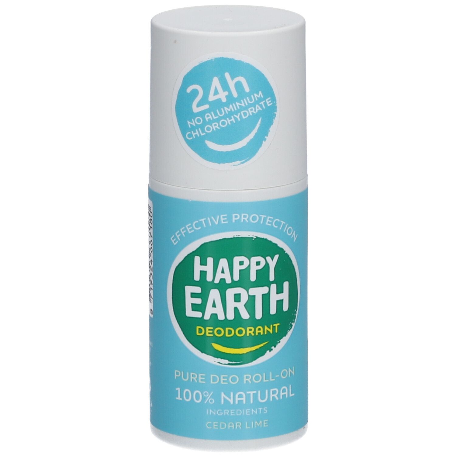 Deo-Roller. Weißer Deckel, blaue und grüne Etiketten. Text: Happy Earth, 100% natürlich, Zeder & Limette. 24h Schutz.