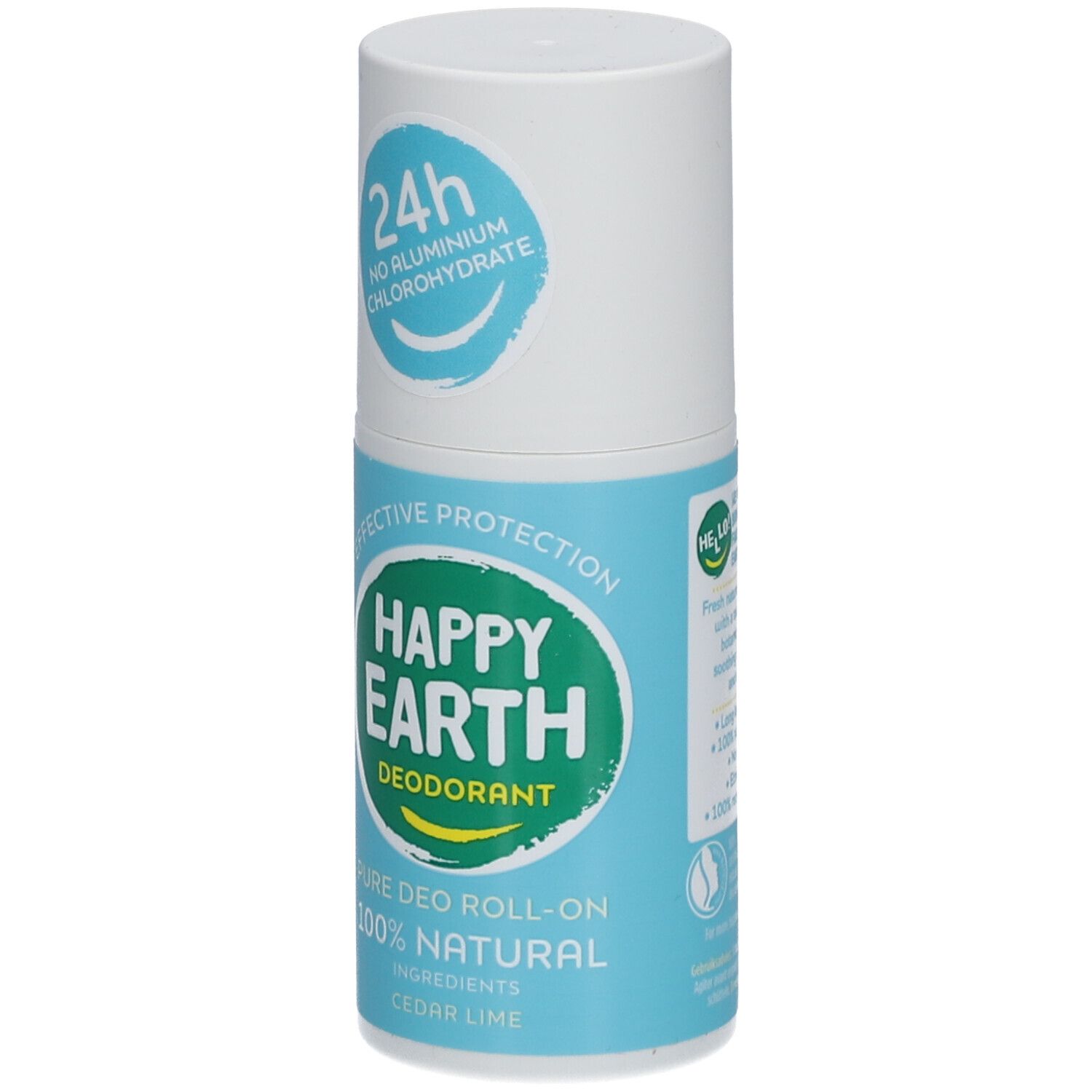 Deo-Roller. Weißer Deckel, blaue und grüne Etiketten. Text: Happy Earth, 100% natürlich, Zeder & Limette. 24h Schutz.