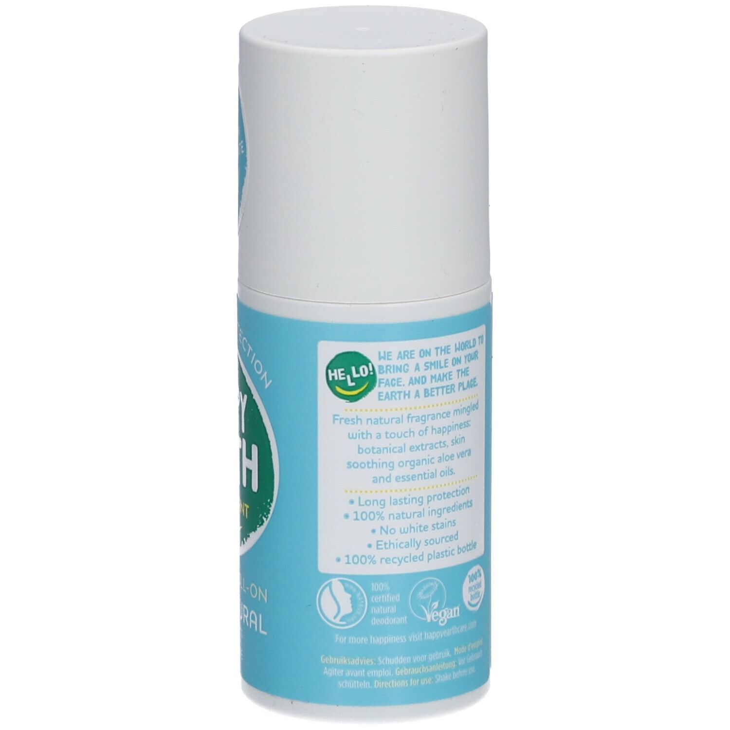 Deo-Roller. Rückseite. Text: Happy Earth, Inhaltsstoffe, Vegan-Logo, recycelte Flasche.