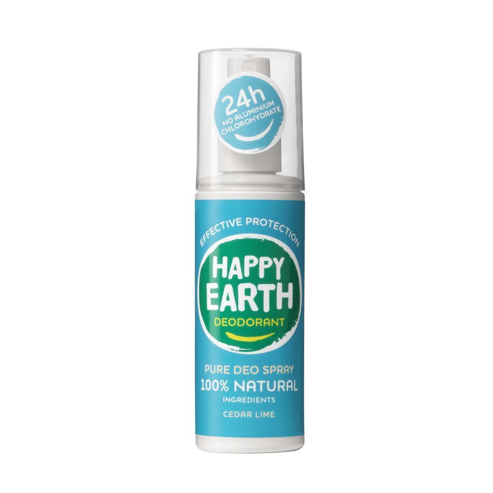 Deodorant-Spray von Happy Earth. Türkis-farbene Flasche mit weißem Deckel. Aufschrift: Happy Earth, Deodorant, Zeder & Limette.