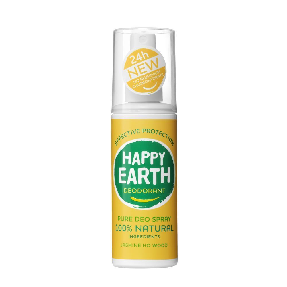 Deodorant-Spray von Happy Earth. Gelbe Flasche mit grünem Etikett. 24h Schutz, ohne Aluminiumchlorid.