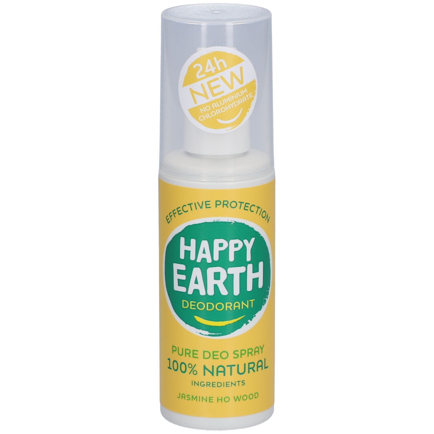 Happy Earth Deodorant Spray. Gelbe Flasche mit weißem Deckel. 24h Schutz, ohne Aluminiumchlorid.