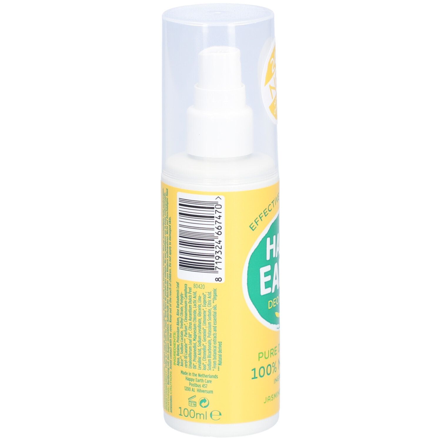 Rückseite der Deodorant-Spray-Flasche. Gelber Hintergrund mit Text und Informationen.