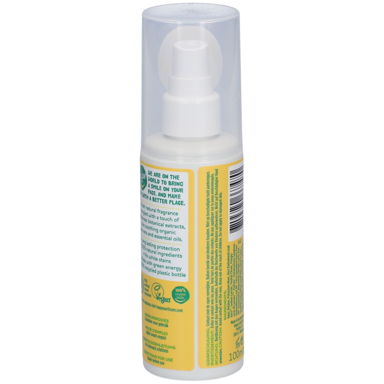 Rückseite der Deodorant-Spray-Flasche. Gelber Hintergrund mit Text und Informationen.