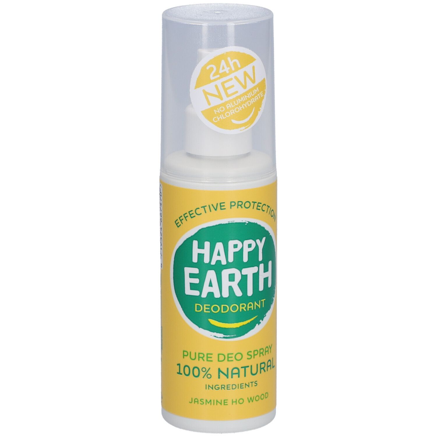 Happy Earth Deodorant Spray. Gelbe Flasche mit weißem Deckel. 24h Schutz, ohne Aluminiumchlorid.