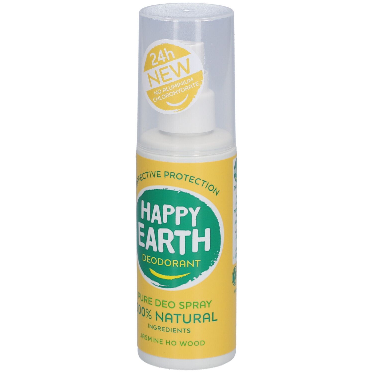 Happy Earth Deodorant Spray. Gelbe Flasche mit weißem Deckel. 24h Schutz, ohne Aluminiumchlorid.