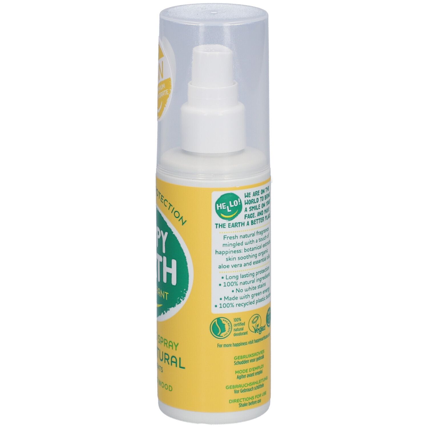 Rückseite der Deodorant-Spray-Flasche. Gelber Hintergrund mit Text und Informationen.