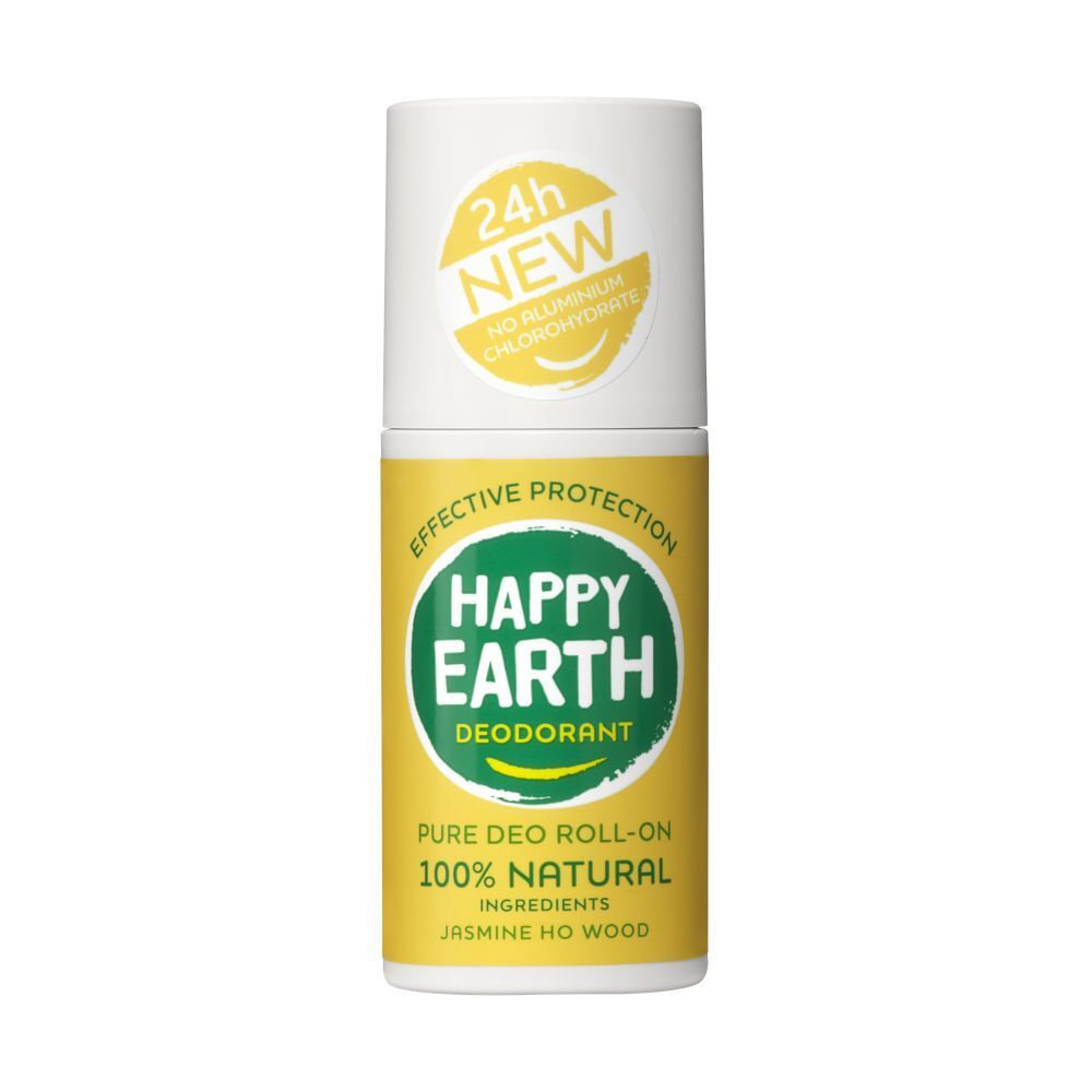 Deo-Roller. Weißer Behälter mit gelbem Etikett. Text: Happy Earth, Deodorant, 100% natürlich. Jasmin & Ho-Holz.