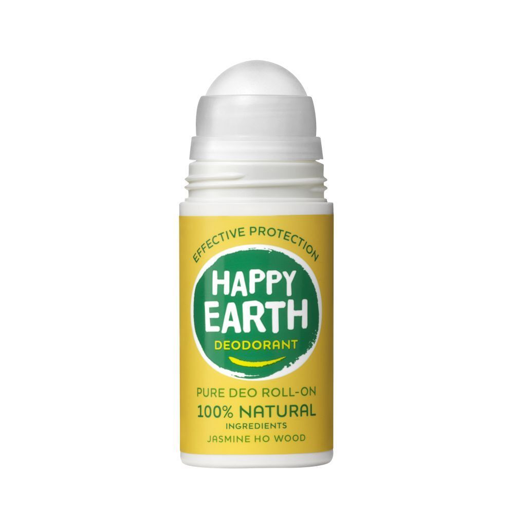 Deo-Roller. Weißer Behälter mit gelbem Etikett. Text: Happy Earth, Deodorant, 100% natürlich. Jasmin & Ho-Holz.