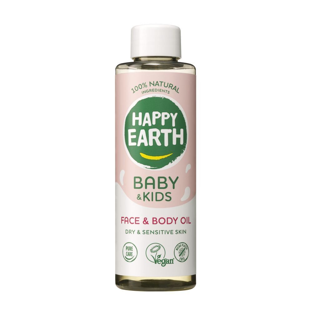 Gesichts- und Körperöl-Flasche. Aufschrift: Happy Earth, Baby & Kids, Face & Body Oil, für trockene und empfindliche Haut. Vegan-Siegel.