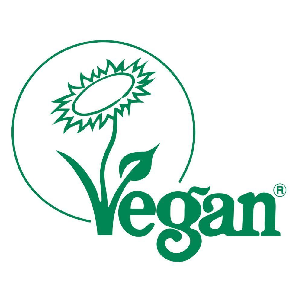 Grünes Vegan-Siegel mit einer Blume und der Aufschrift Vegan.