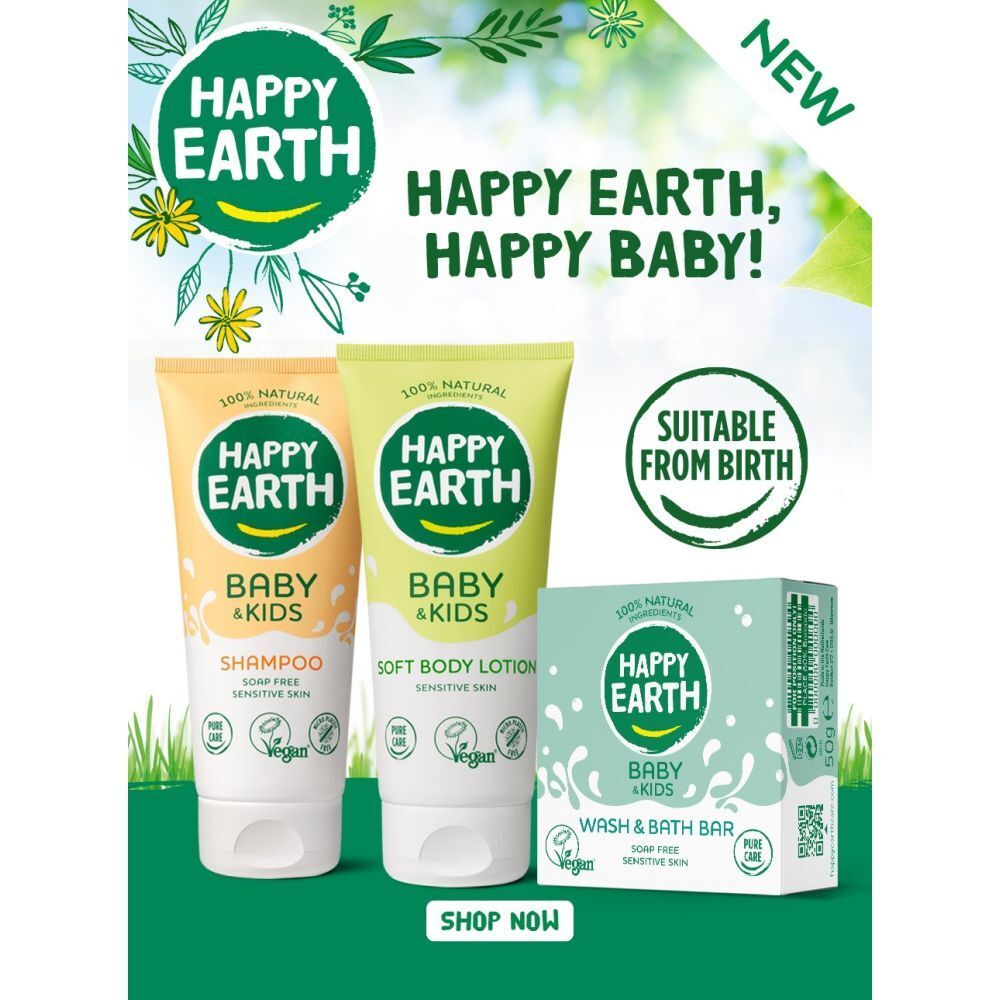 Drei Produkte: Shampoo, Bodylotion und Wasch- & Badestück. Aufschrift: Happy Earth, Baby & Kids. Vegan-Siegel.