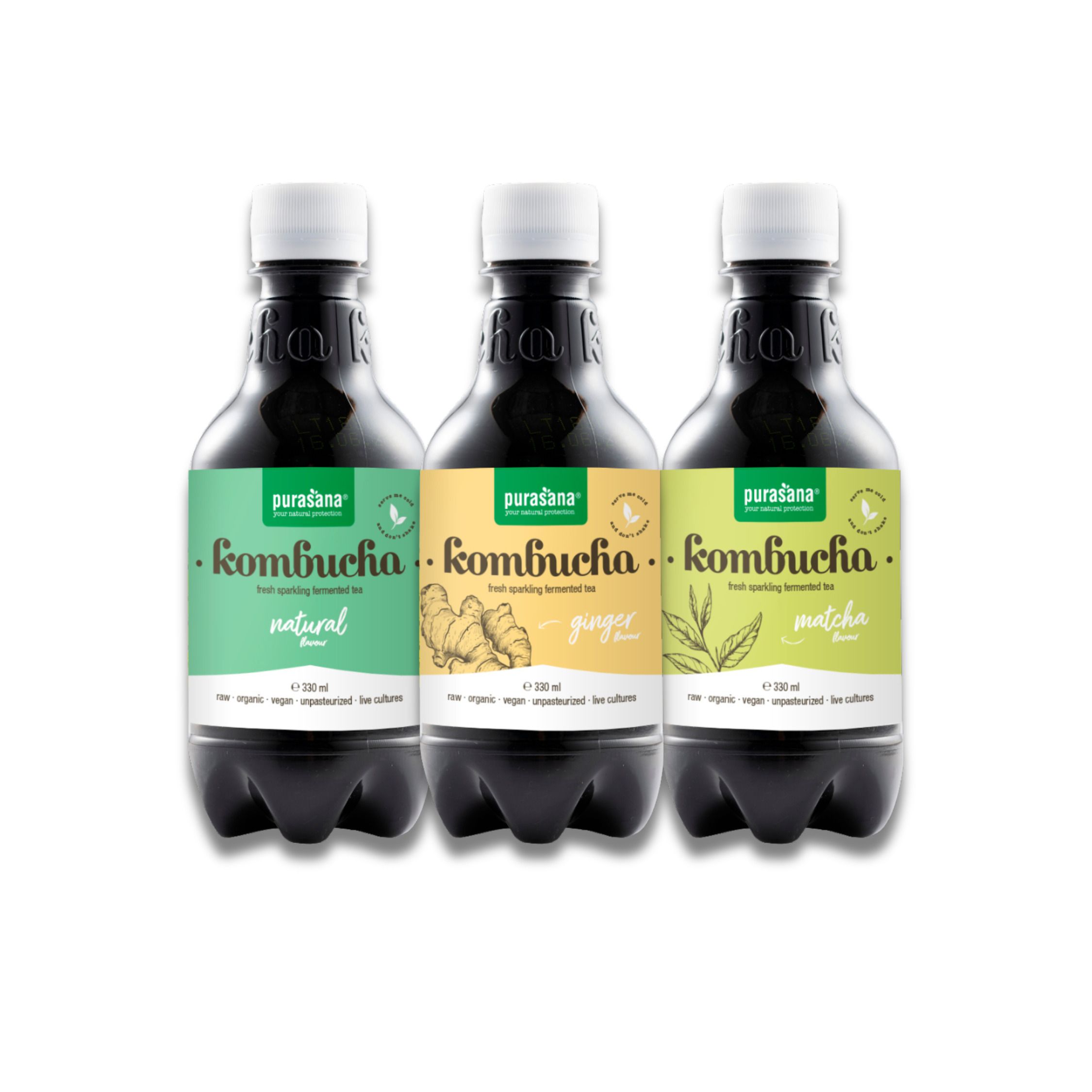 Drie Purasana Kombucha flessen: Natural, Ginger, Matcha. 200ml. Vegan, Bio.