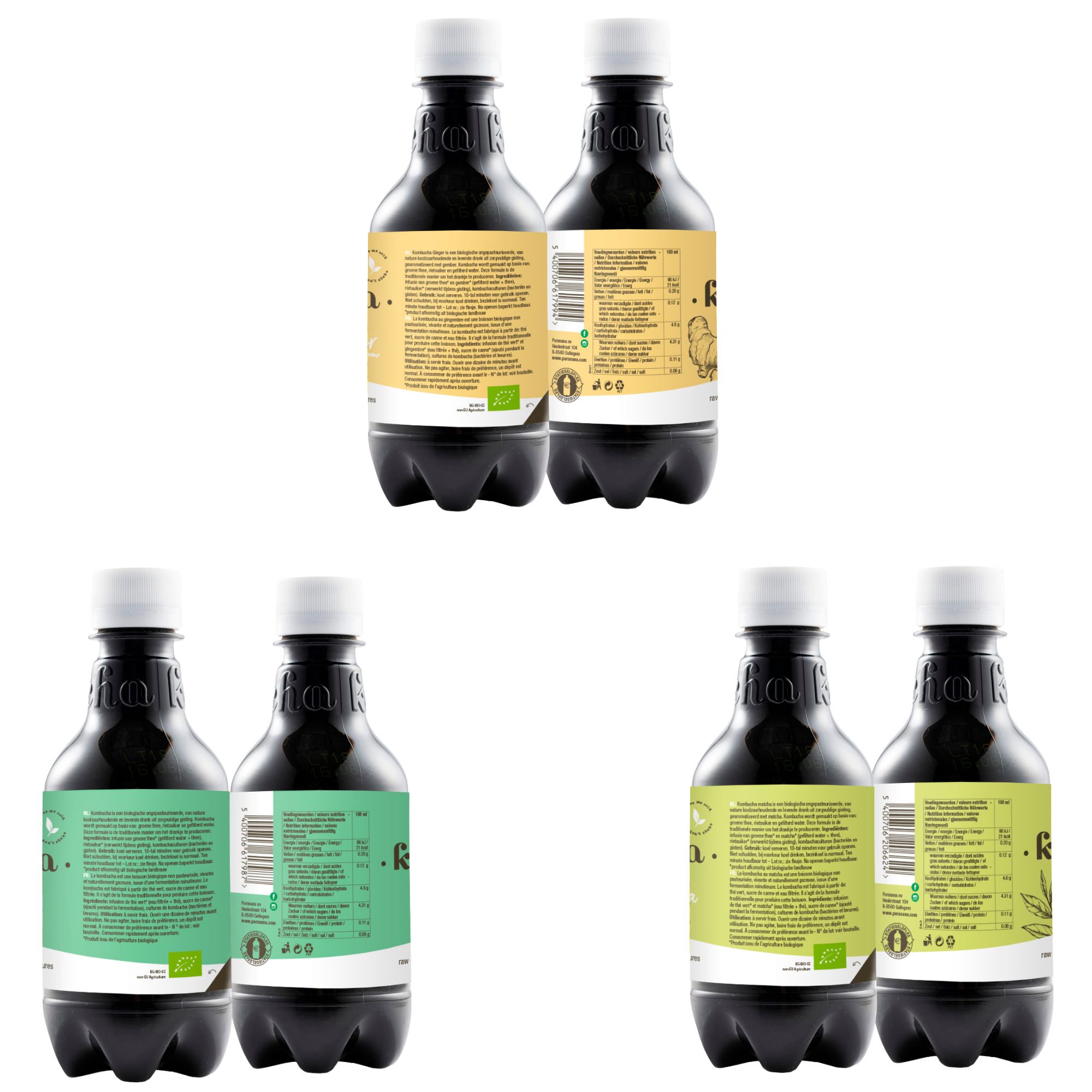 Arrière de deux bouteilles Purasana Kombucha (Ginger, Matcha). Informations nutritionnelles.