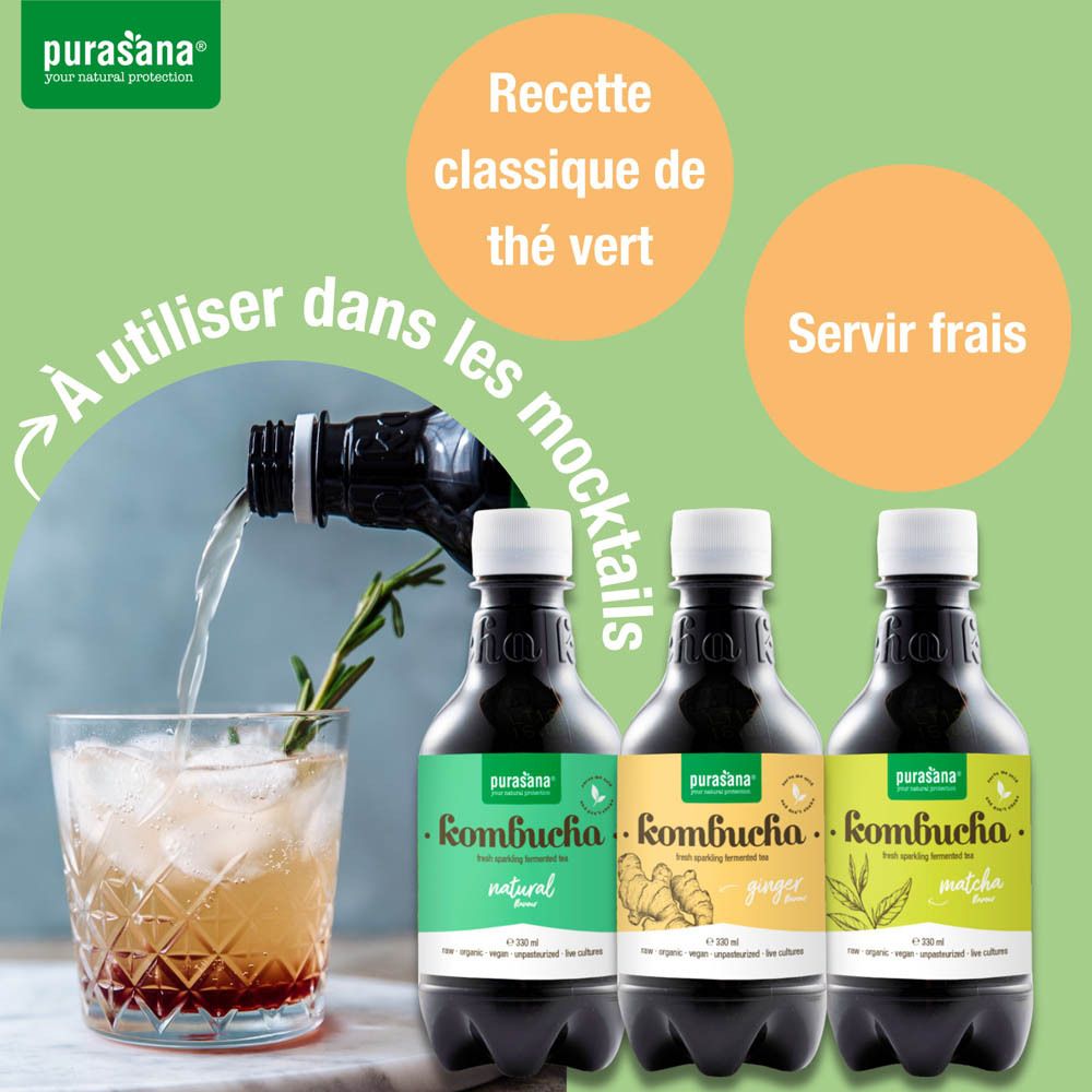 Arrière de deux bouteilles Purasana Kombucha (Natural, Ginger). Informations nutritionnelles.