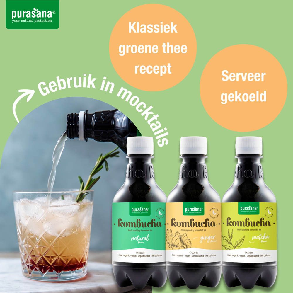 Achterkant van twee Purasana Kombucha flessen (Natural, Ginger). Voedingswaarde.