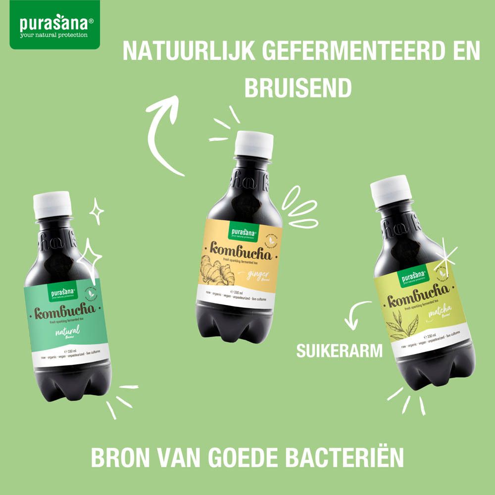 Achterkant van twee Purasana Kombucha flessen (Natural, Matcha). Voedingswaarde.