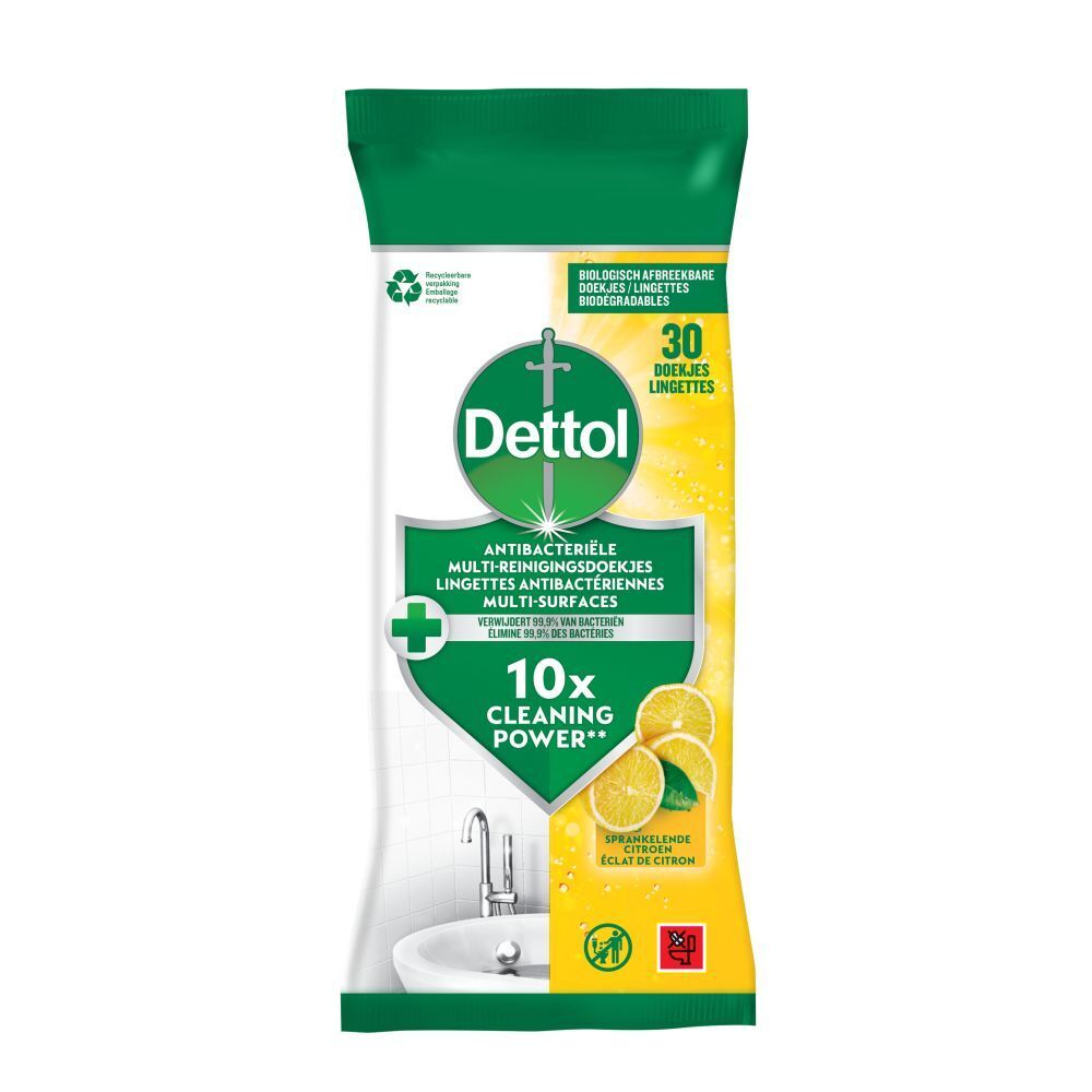 Dettol reinigingsdoekjes verpakking. Groen-wit ontwerp met logo en tekst. 30 doekjes, 10x reinigingskracht. Citroenafbeelding.