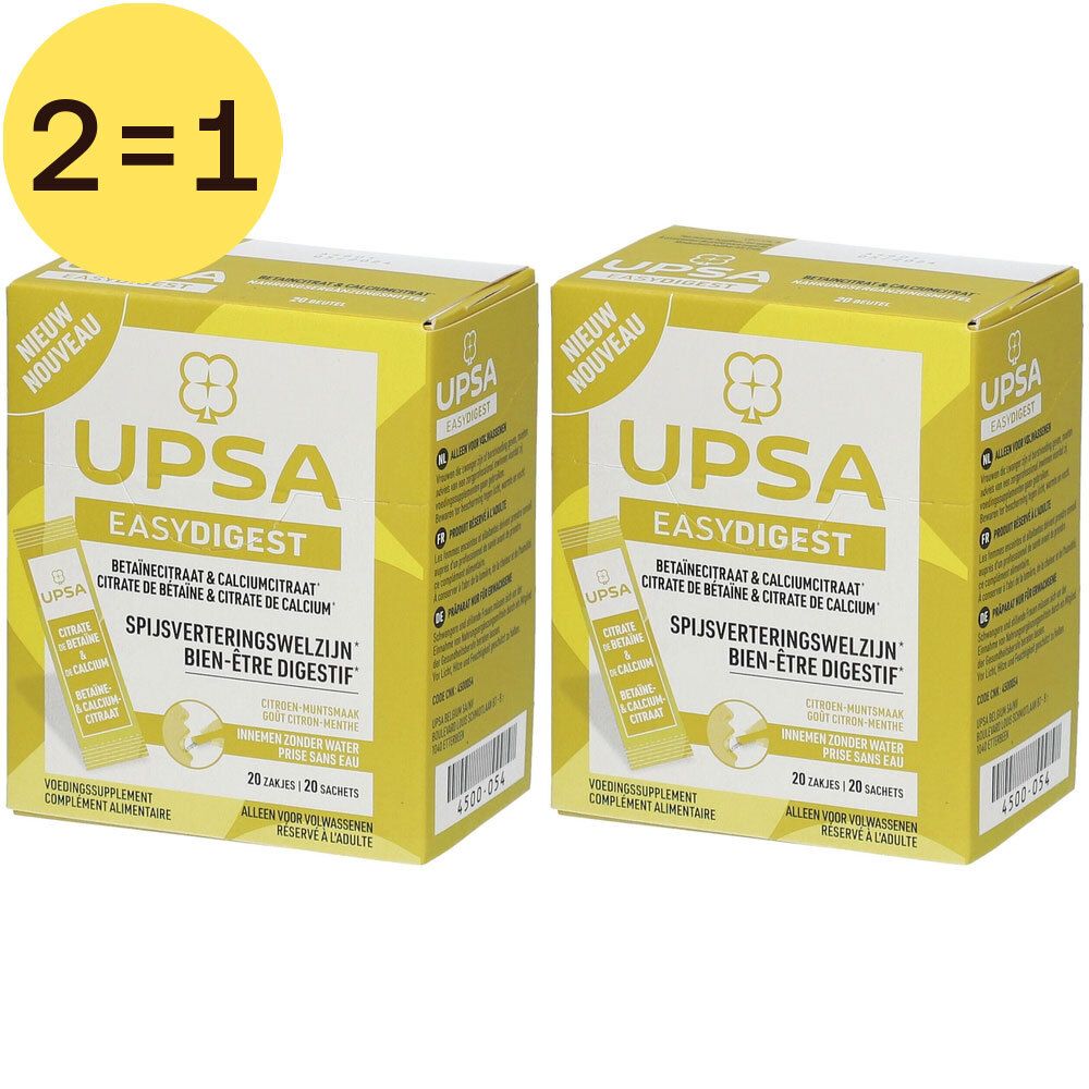 Twee gele dozen "UPSA EasyDigest". Opschrift "1+1 GRATIS". Individuele zakjes van het product.
