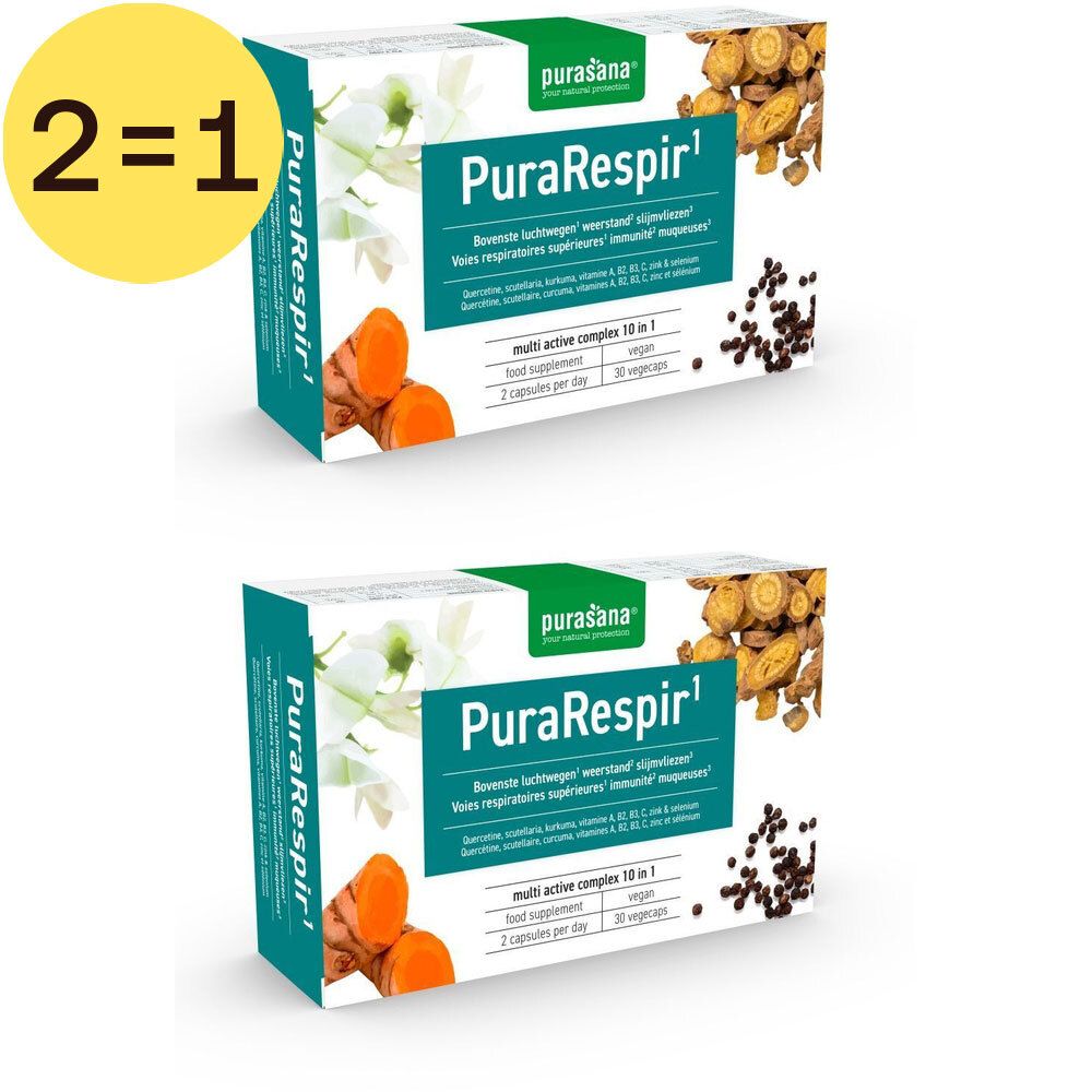 Twee verpakkingen Purasana PuraRespir1. Opschrift 2=1 GRATIS. Groen-witte verpakking met productnaam en ingrediënten.