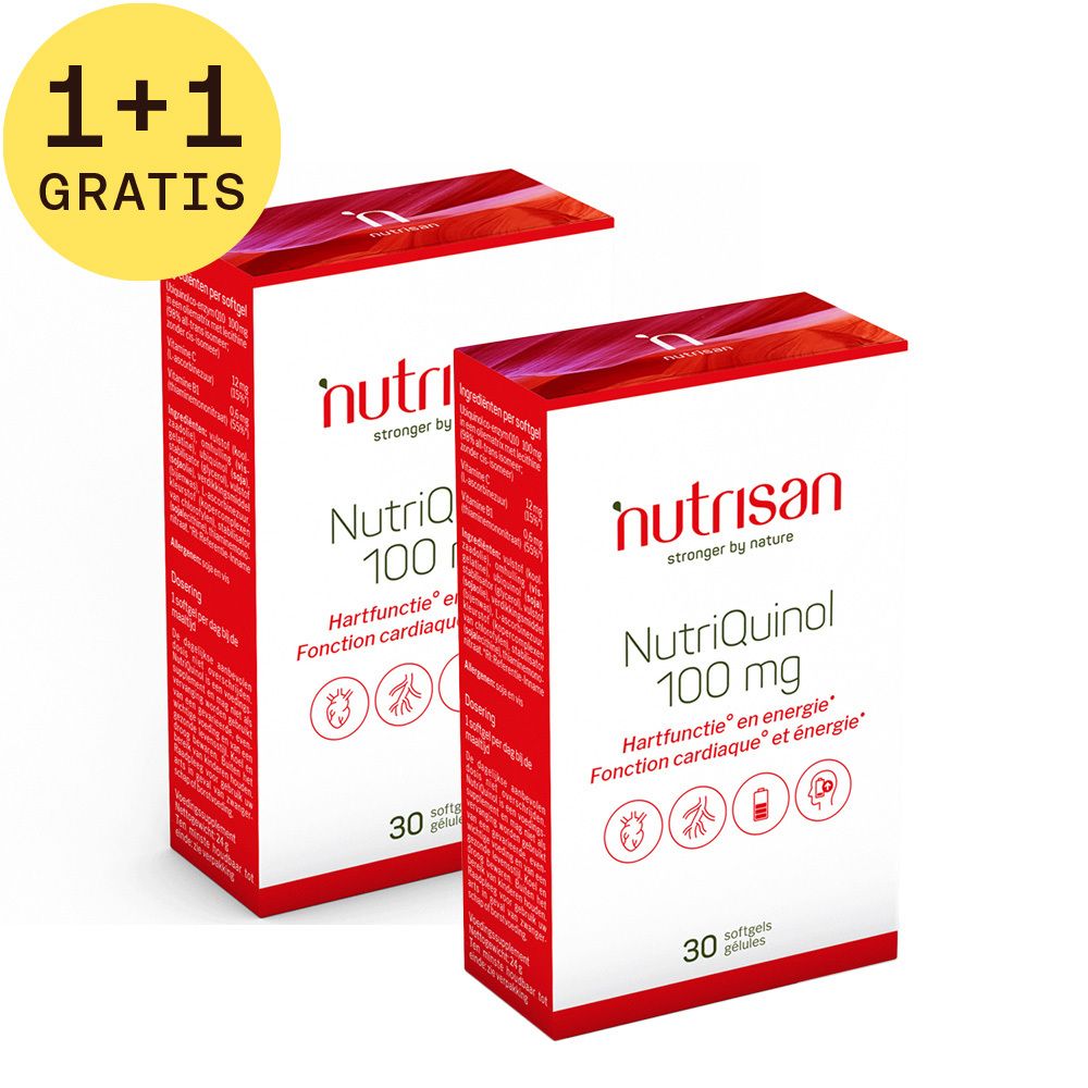 Twee rode dozen met witte tekst. Opschrift: Nutrisan, Nutriquinol 100 mg, 30 capsules. Met gele sticker: 1+1 GRATIS.