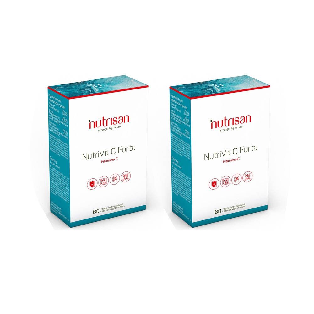 Twee dozen Nutrisan Nutrivit C Forte. Witte verpakking met rode en blauwe tekst. Bevat 60 capsules.