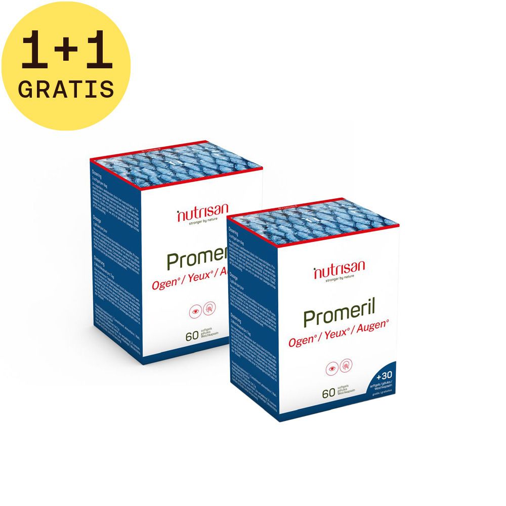 Twee dozen Nutrisan Promeril. Opschrift: Promeril Ogen/Yeux/Augen. 60 capsules +30 gratis. Rode en blauwe verpakking.