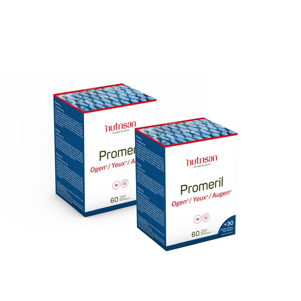 Twee dozen Nutrisan Promeril met opschrift 1+1 GRATUIT. Promeril Ogen/Yeux/Augen. 60 capsules +30 gratis. Rode en blauwe verpakking.