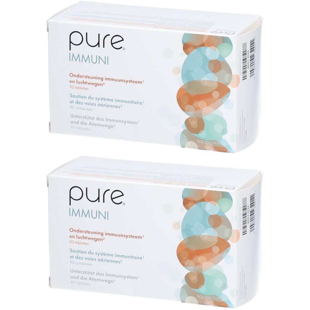 Zwei weiße Kartons mit der Aufschrift "pure Immuni". Text in Niederländisch, Französisch und Deutsch. Abbildung von farbigen Kreisen.