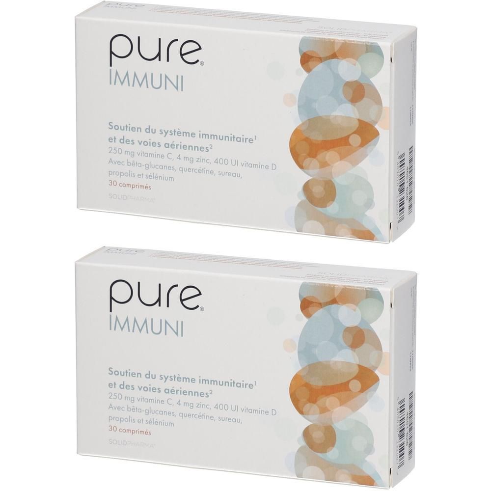 Zwei weiße Schachteln mit der Aufschrift "pure IMMUNI". Text darunter: "Soutien du système immunitaire et des voies aériennes".