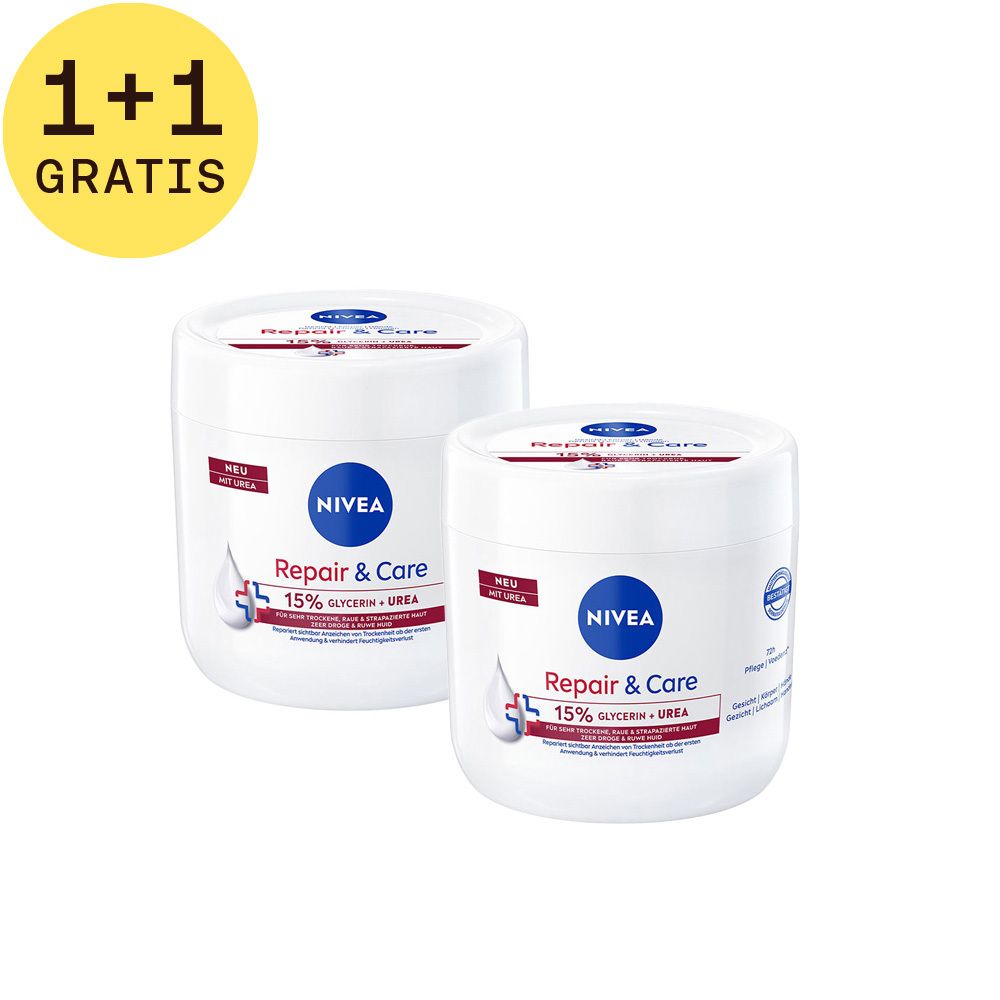 Twee witte potten Nivea Repair & Care. Opschrift: 15% Glycerine + Urea. Rode strook. Gele cirkel met 1+1 GRATUIT.