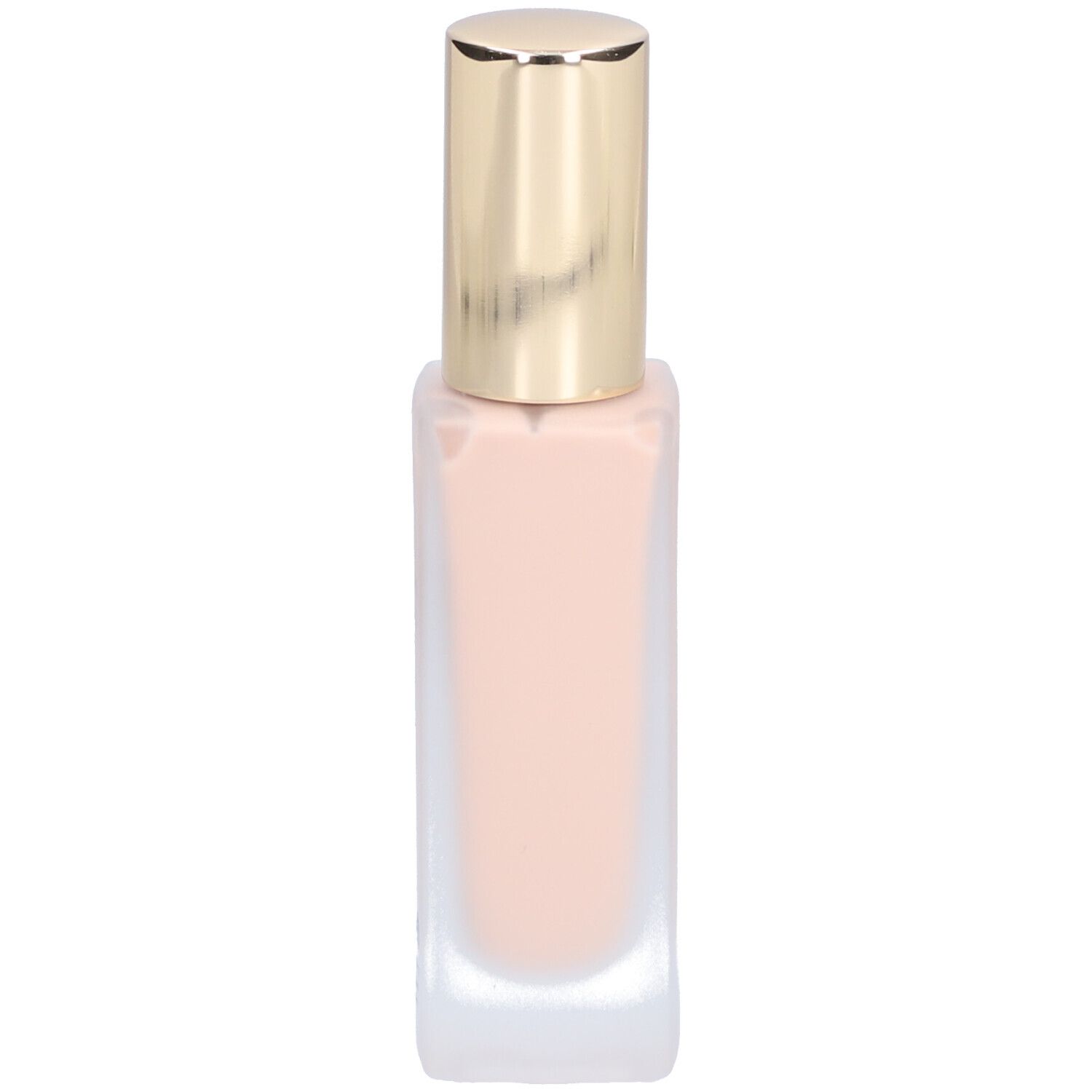 Beige Foundation in einer rechteckigen Glasflasche mit goldenem Deckel.