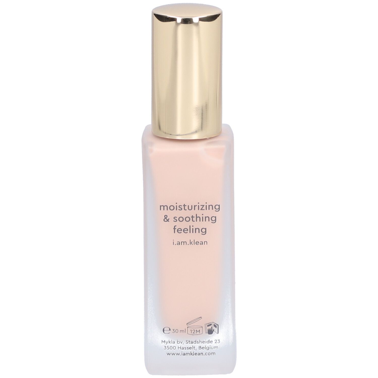 Beige Foundation in einer rechteckigen Glasflasche mit goldenem Deckel. Aufschrift: moisturizing & soothing feeling, i.am.klean.