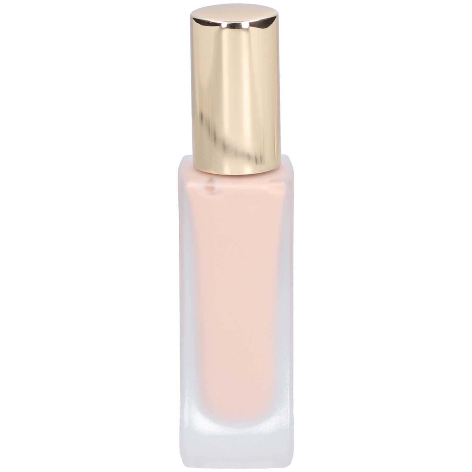 Beige Foundation in einer rechteckigen Glasflasche mit goldenem Deckel.