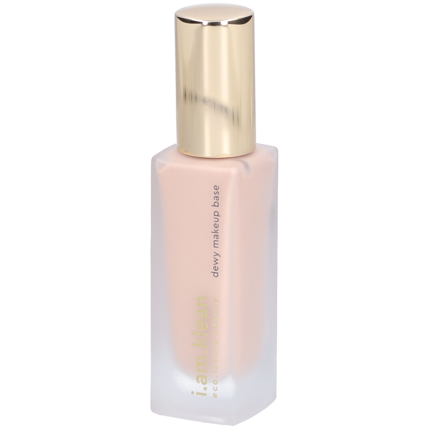 Beige Foundation in einer rechteckigen Glasflasche mit goldenem Deckel. Aufschrift: dewy makeup base, i.am.klean.