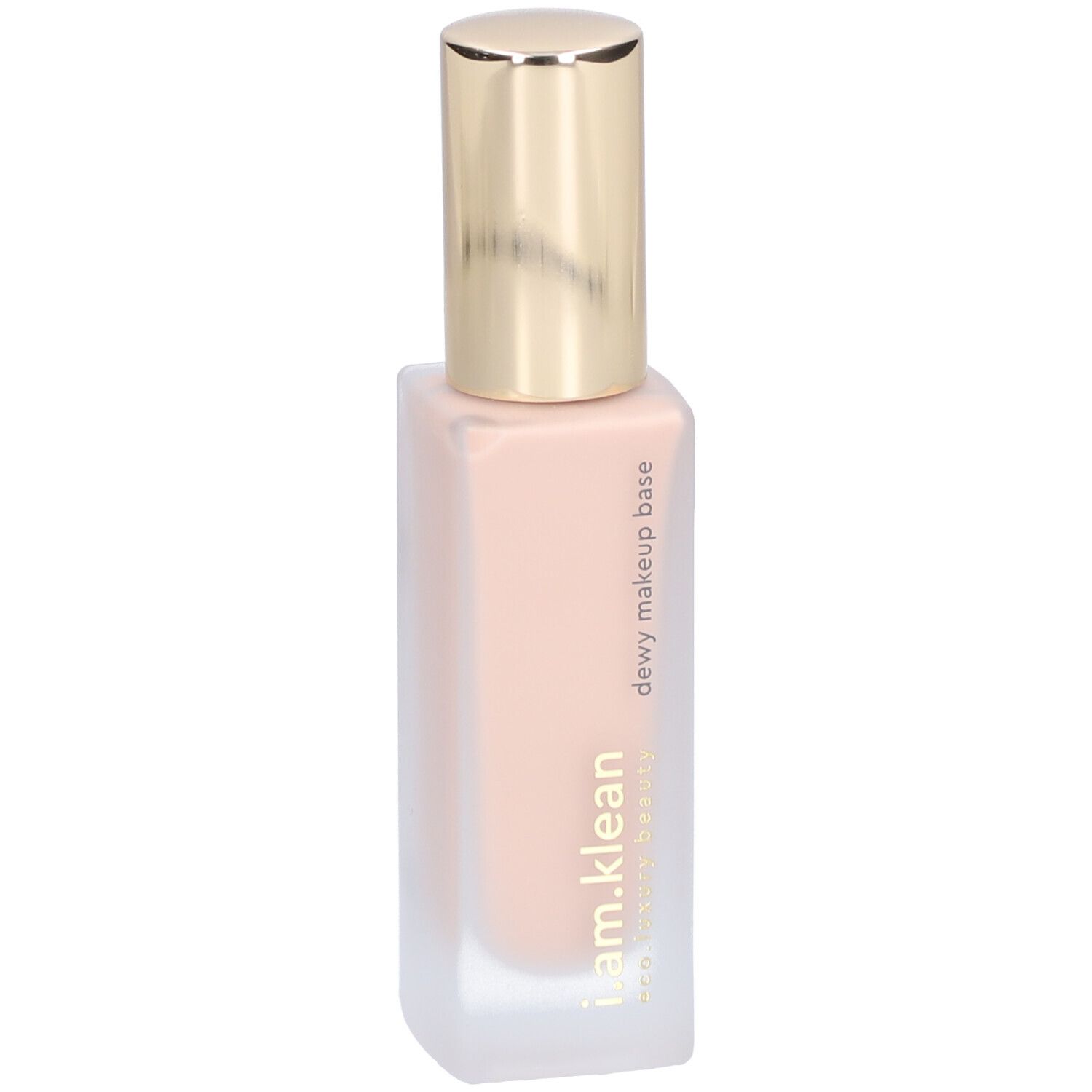 Beige Foundation in einer rechteckigen Glasflasche mit goldenem Deckel. Aufschrift: dewy makeup base, i.am.klean.