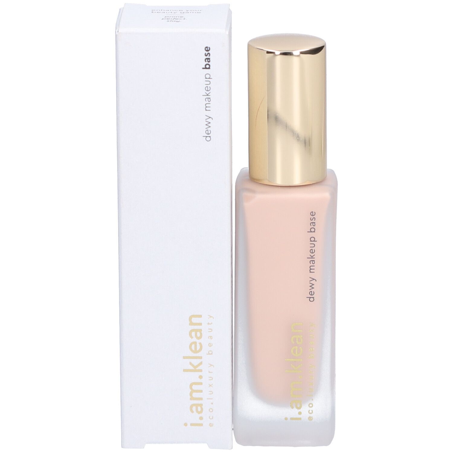 Foundation mit Verpackung. Rechteckige Glasflasche mit goldenem Deckel und weißer Schachtel. Aufschrift: dewy makeup base, i.am.klean.
